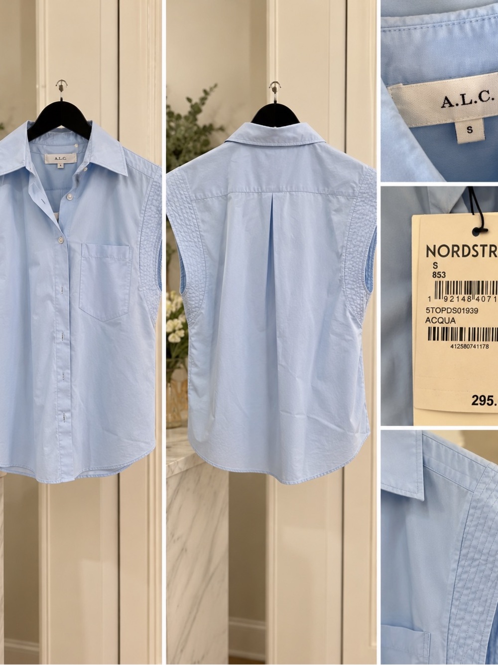 A.L.C. Acqua Light Blue Sleeveless Button-Down Shirt